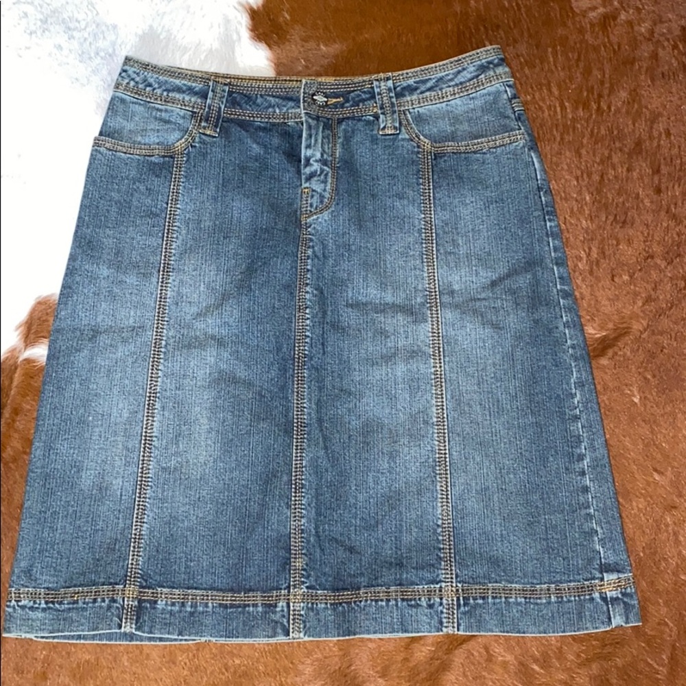 Denim Skirt with detailed gold thread stitching